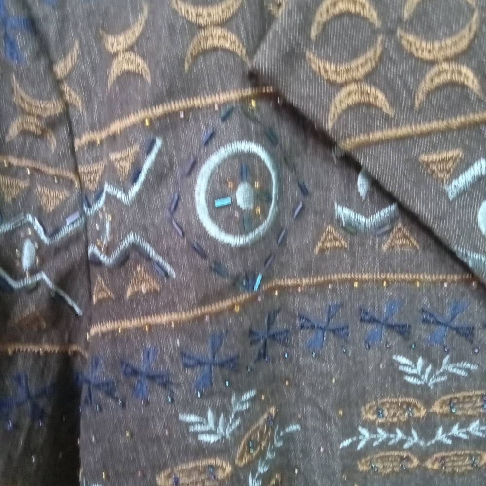 COLDWATER CREEK Blazer Brown Denim Blue Embroidery, Gems, Beaded Size 16/42 - Picture 3 of 14